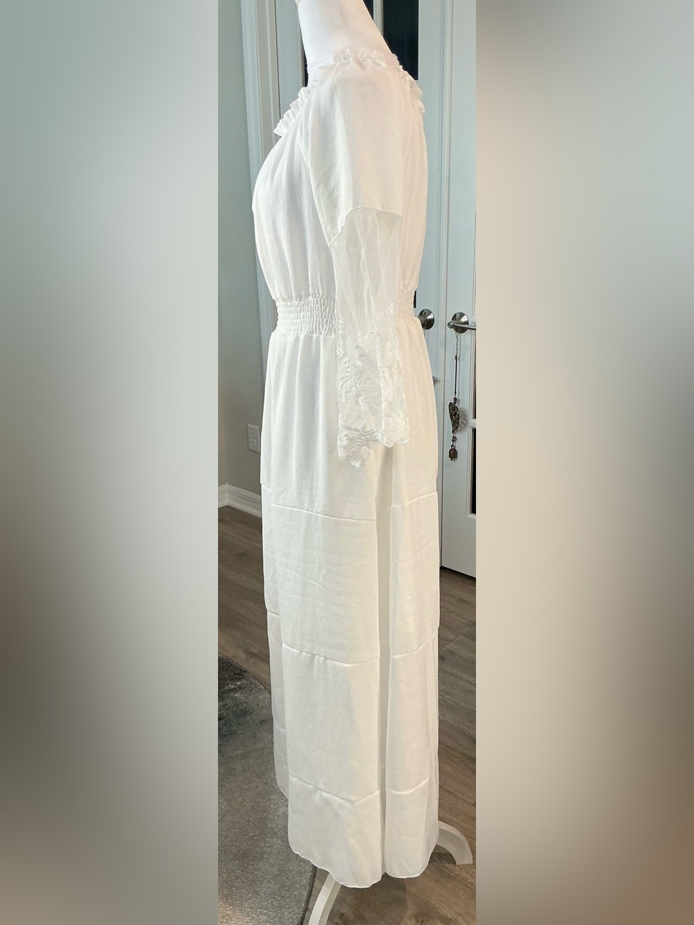 Boho White Off-Shoulder Maxi Dress Sheer Lace Bell Sleeve Tiered Size XL NWOT - Picture 10 of 16